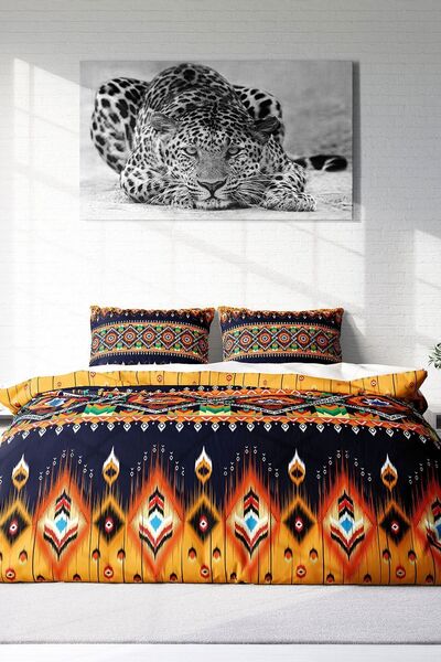 PerlaSera Τρισδιάστατο Προσαρμοσμένο Σχέδιο - Σετ Παπλωματοθήκη από Βαμβακερό Σατέν Διπλό, Oriental Ethnic