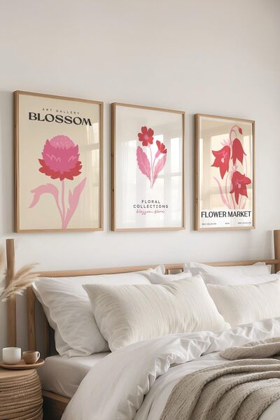 Postifull Ροζ Μινιμαλιστικό Σετ Πίνακων, 3 Ξύλινα Πλαίσια και Αφίσες - Διακόσ...
