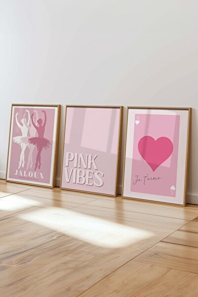 Postifull Pembe Tablo Seti, 3 Adet Ahşap Çerçeve ve Poster - Yatak Odası Dekoru, Mutfak, Salon Duvar Dekoru
