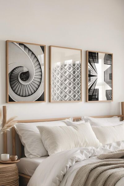 Postifull Black and White Painting Set,3 Pcs Wooden Frame and Architecture Poster - Bedroom, Kitchen, Living Room Decor