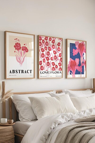 Postifull Pembe Minimalist Tablo Seti, 3 Adet Ahşap Çerçeve ve Poster - Mutfa...
