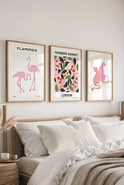 Postifull Pembe Modern Tablo Seti, 3 Adet Ahşap Çerçeve ve Poster, Flamingo Posterli Duvar Dekoru