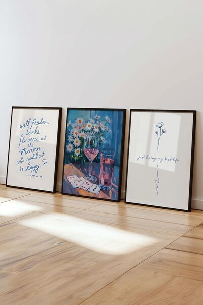 Postifull Soft Blue Painting Set, 3 Black Frames and Poster - Bedroom, Kitchen, Living Room Wall Decor