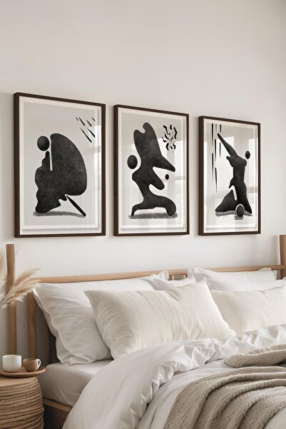 Postifull Siyah Beyaz Soyut Tablo Seti, 3 Adet Siyah Çerçeve ve Poster - Yata...