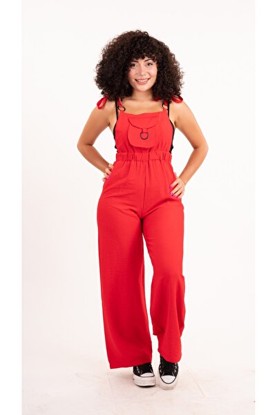 MsLena Butik Red Aerobin Fabric - Gardener Jumpsuit with Single Pocket and Ring Detail No335-8792