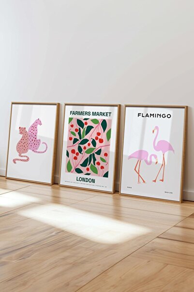 Postifull Pembe Modern Tablo Seti, 3 Adet Ahşap Çerçeve ve Poster, Flamingo Posterli Duvar Dekoru
