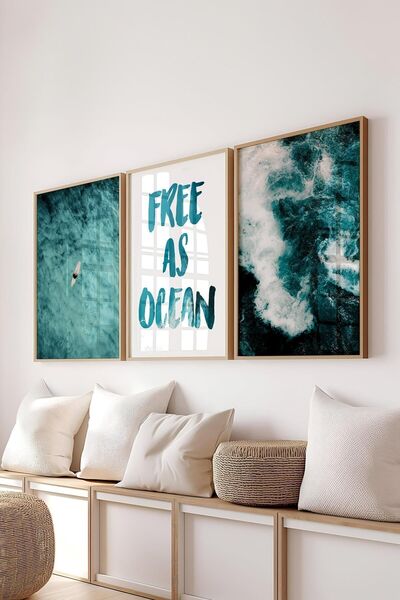 Postifull Soft Blue Painting Set, 3 Pcs Wooden Frame & Summer Poster - Bedroom, Kitchen, Living Room Wall Decor