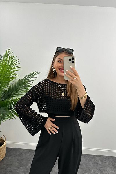 Meyga Butik Καλοκαιρινό διάτρητο κοντό πλεκτό μαύρο