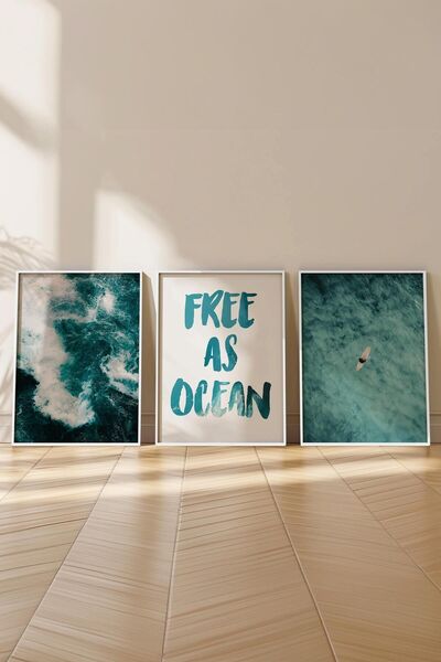 Postifull Soft Blue Painting Set, 3Pcs White Frame and Summer Poster - Bedroom, Kitchen, Living Room Wall Decor