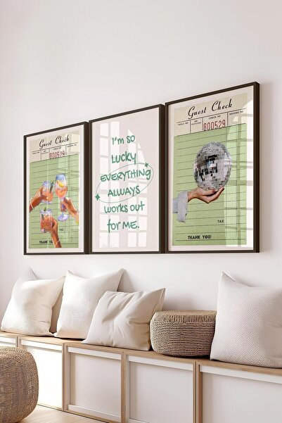 Postifull Yeşil Modern Tablo Seti, 3 Adet Siyah Çerçeve ve Poster - Salon, Mutfak, Yatak Odası Duvar Dekoru