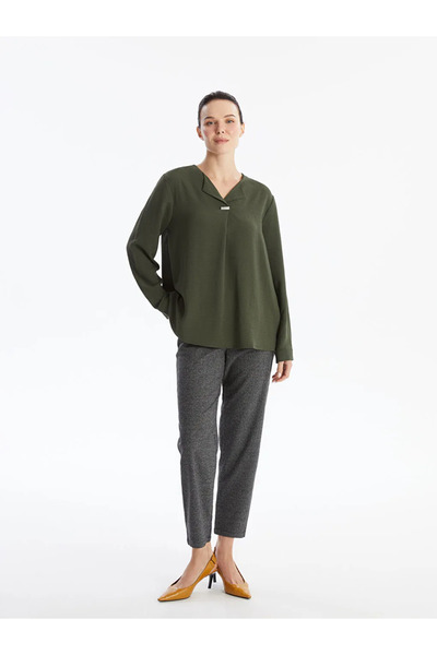 LC Waikiki Lcw Grace - Anthracite Jacquard Plaid Women's Trousers, Elastic Waist