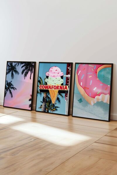 Postifull Summer Themed Pink Painting Set, 3 Pcs Black Frames and Poster - Bedroom, Kitchen, Living Room Wall Decor