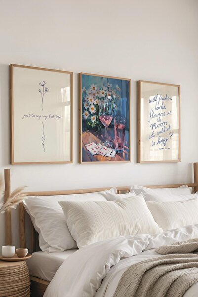 Postifull Soft Mavi Tablo Seti, 3 Adet Ahşap Çerçeve ve Poster - Yatak Odası, Mutfak, Salon Duvar Dekoru