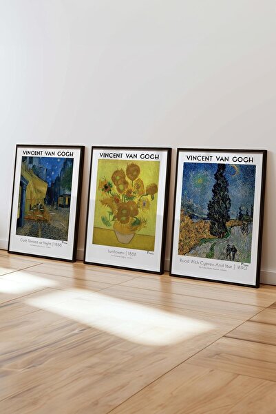Postifull Van Gogh Tablo Seti, 3 Adet Siyah Çerçeve ve Sanat Serisi Poster - Yatak Odası, Mutfak, Salon Dekoru