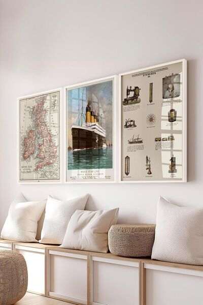 Postifull Vintage Tablo Seti, 3 Adet Beyaz Çerçeve ve Poster - Yatak Odası, Mutfak, Salon Duvar Dekorasyon