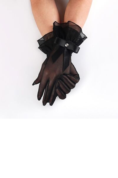 Elegance Scarf Mănuși de mireasă și de nuntă - cu detaliu de fundă neagră