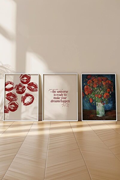 Postifull Kırmızı Vintage Tablo Seti, 3 Adet Beyaz Çerçeve ve Poster - Salon, Mutfak, Yatak Odası Duvar Dekor