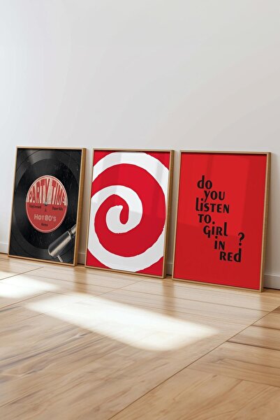 Postifull Kırmızı Tablo Seti, 3 Adet Ahşap Çerçeve ve Poster - Yatak Odası, Mutfak, Salon Duvar Dekoru