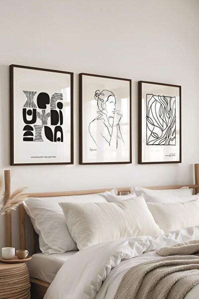 Postifull Minimalist Tablo Seti, 3 Adet Siyah Çerçeve ve Poster - Yatak Odası...