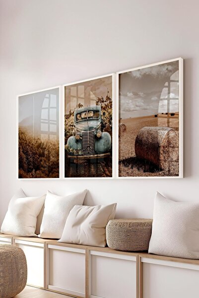 Postifull Set de pictură rustic maro cu 3 piese, cadru alb și poster - Decor pentru sufragerie, bucătărie, dormitor