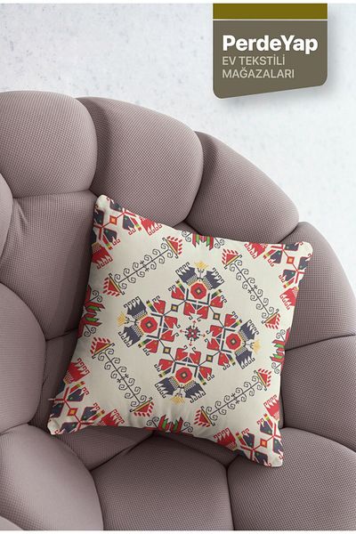 PerdeYap1980 Authentic Kilim Embroidery Patterned 4-Piece Digital Printed Throw Pillow Cover 43 X 43 cm Cream-Red