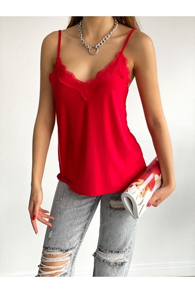 janbely Red Strappy Front Lace Blouse