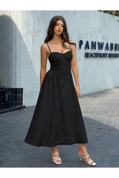 La Saade Black Long Globe Strap Dress - Bridge Design