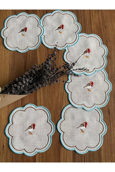 NURHAN HOME COLLECTION 6 Bucuri Love Birds Tesatura de In Albastru Brodat Cafea Lateral Servetel Prezentare Cocktail