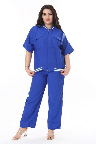 Şans Set de bluze și pantaloni Saks cu fermoar în față pentru femei de mărime mare 65N38192