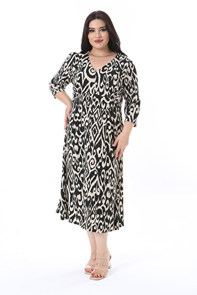 Şans Φόρεμα με λαιμόκοψη μαύρο Wrap Plus Size - Capri Sleeve 65n38206