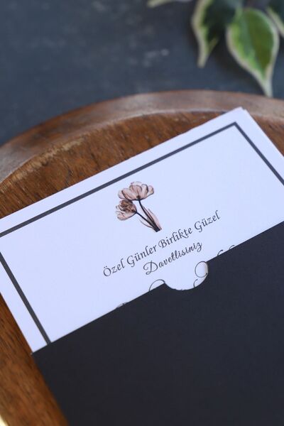 Pixel Davetiye Siyah - 50 Adet Düğün Davetiye Altın Yaldızlı - Düğün - Nişan - Kına Sünnet Davetiyesi-4114