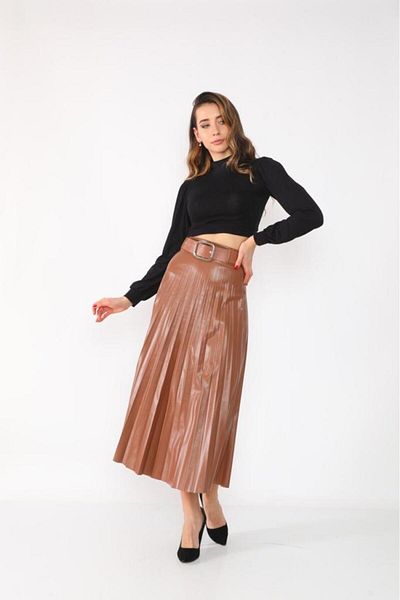MB-MODA BİZİMLE Δερμάτινη πλισέ ζώνη φούστα