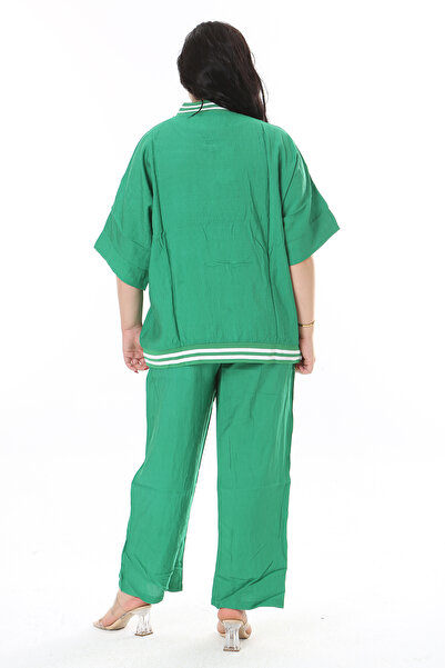 Şans Σετ πράσινη μπλούζα και παντελόνι Plus Size - Μπροστινό φερμουάρ, τσέπη και λεπτομέρεια πλευρών 65n38192