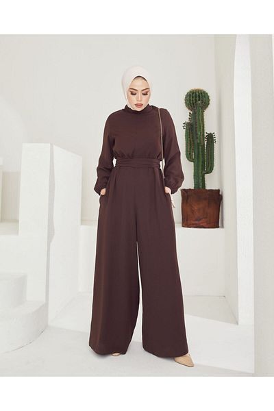 She Olive Belted Hijab Jumpsuit - brown
