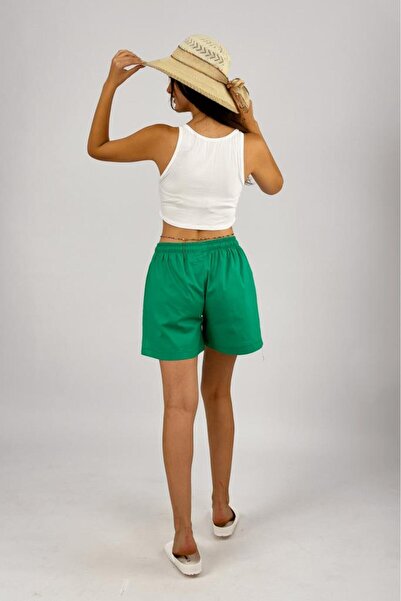 Betimoda White Drawstring Elastic Loose Fit Women's Shorts - Comfortable Short Green Solid Color Unprinted Cotton