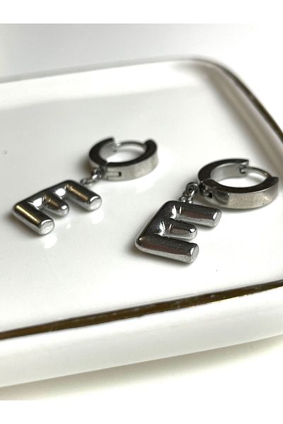Poison Accessories Silver Colored Steel Letter Hoop Closure Earrings - Letter E