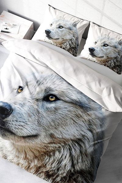 PerlaSera 3D Custom Design - Double White Wolf Natural Duvet Cover Set, Tight Woven Cotton Satin