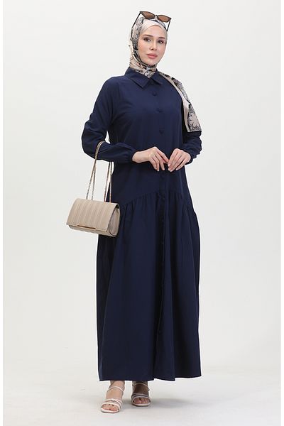 sefamerve Navy Blue Gathered Buttoned Dress - 0449-03