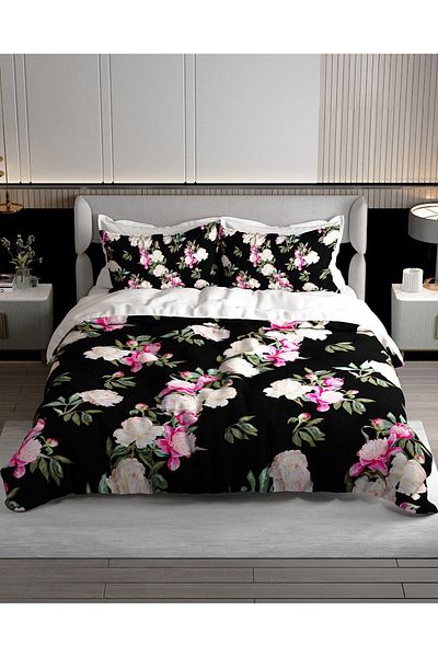 PerlaSera 3D Custom Design - Double Cotton Satin Duvet Cover Set, Black Floral Pattern