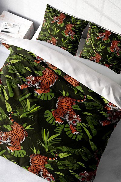 PerlaSera 3D Custom Design - Double Duvet Cover Set, Tightly Woven Cotton Satin, Tigers Natural