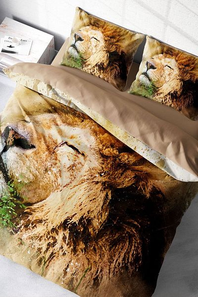 PerlaSera 3D Custom Design - Double Duvet Cover Set, Tightly Woven Cotton Satin, Lion Natural