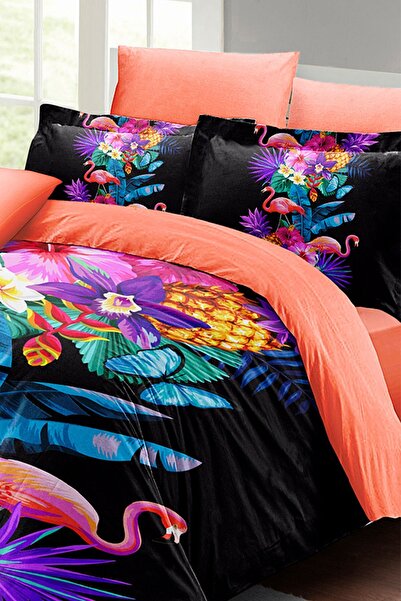 MonoHome 100% Cotton Satin Double Duvet Cover Set Flamingo III with Fitted Sheets