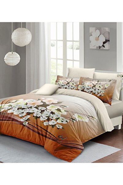 MonoHome طقم غطاء لحاف مزدوج برتقالي الأزهار الأوركيد 3D القطن الساتان