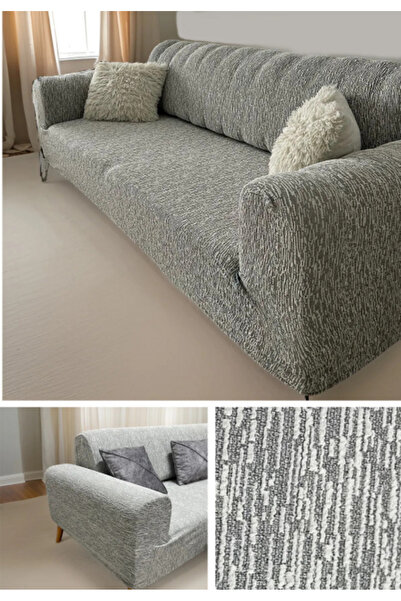 Gerbera Home Collection Gerbera Jakarlı Ağaç Kabuğu Lastikli Standart 3lü Koltuk Örtüsü Taş Gri Renk