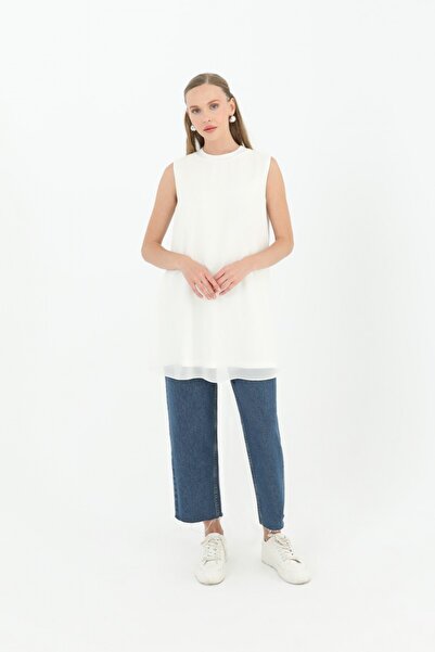 Puane Women's Ecru Color Zero Sleeve Front Chiffon Detailed Tunic / Underwear 102700