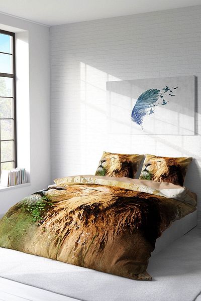 PerlaSera 3D Custom Design - Double Duvet Cover Set, Tightly Woven Cotton Satin, Lion Natural