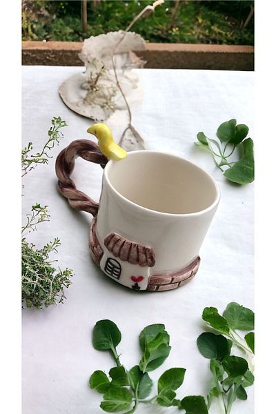 Spica Ceramica House and Yellow Bird Cup, House and Bird Model Handmade Espresso, Turkish Coffee Cup, Gift