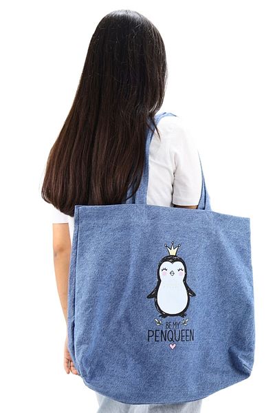 ICONE BAG Geantă de damă din pânză imprimată pinguin cu volum mare - alb de mână și de umăr