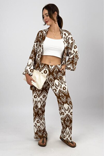 Betimoda Smeđe ženske košulje Lan i set Palazzo pantalone - dvodelni Široke n...