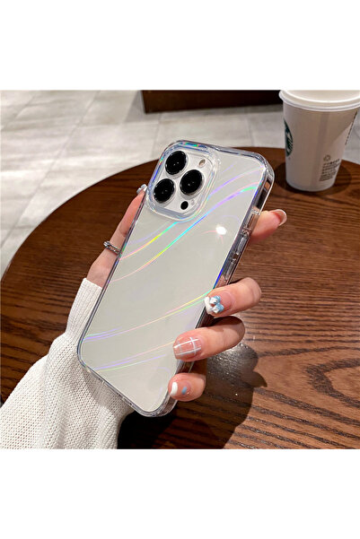 EDELFU iPhone 14 Pro Max - Aurora Lazer Hologramlı Sert Şeffaf Sararmaz Yanla...
